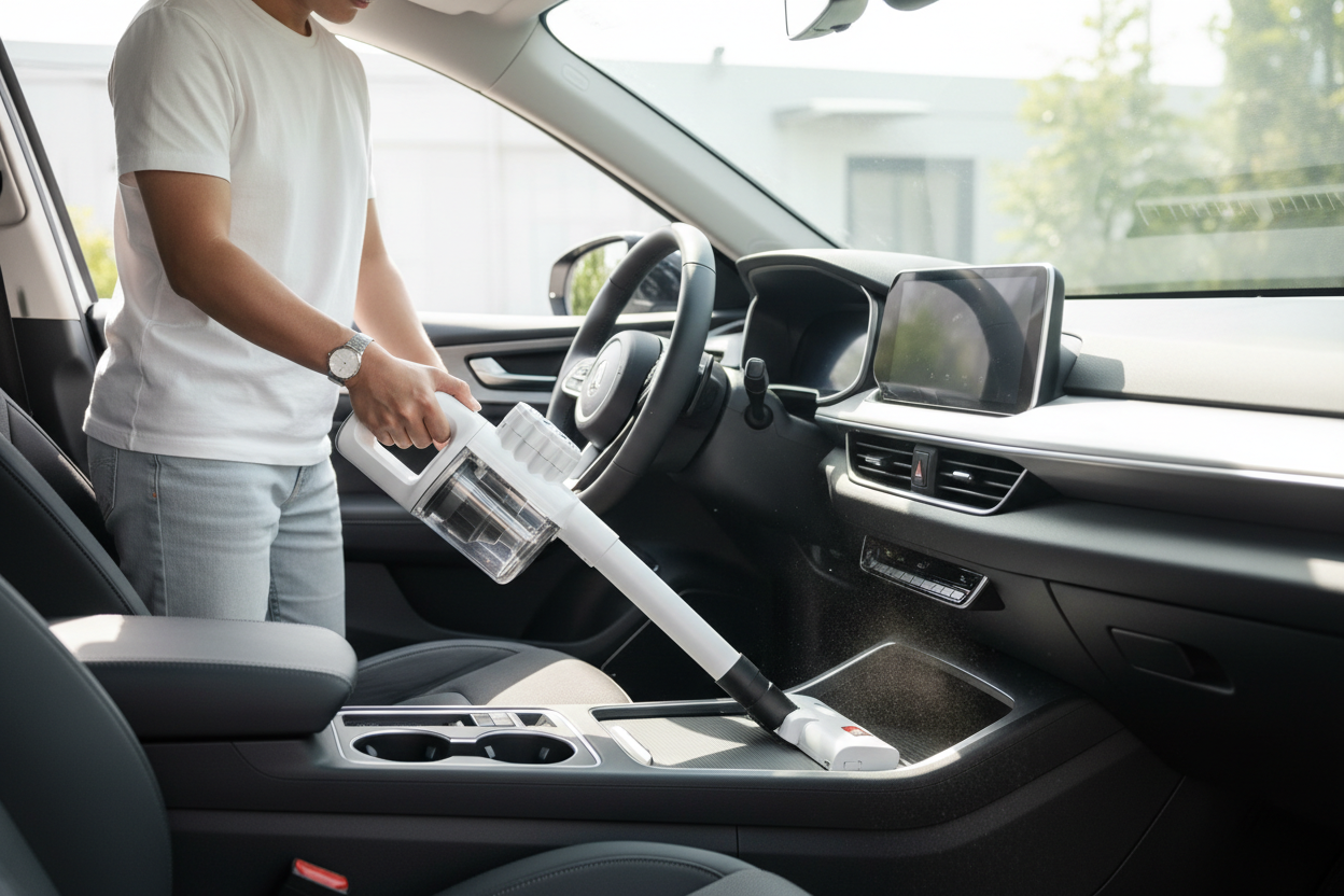 Aspirador portátil sendo usado no interior do carro